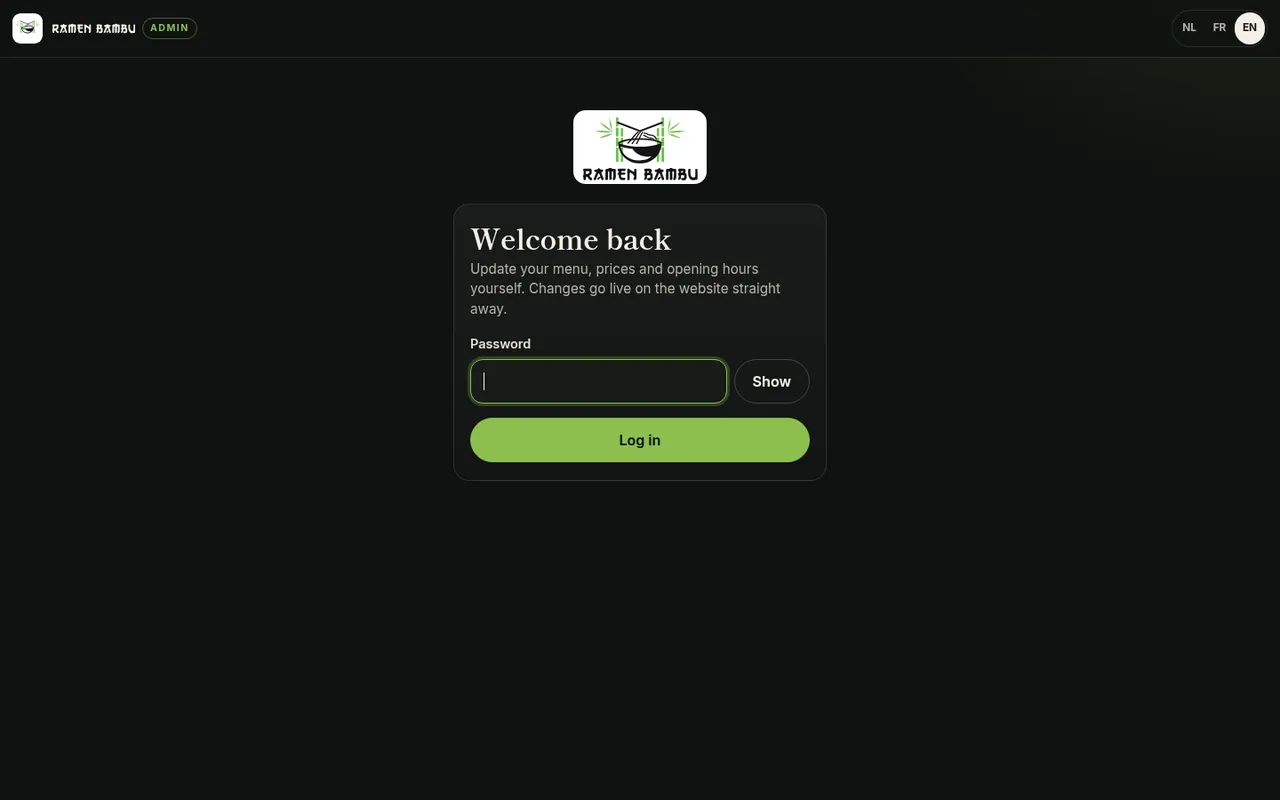Ramen Bambu concept admin login screen: Welcome back, with a password field.