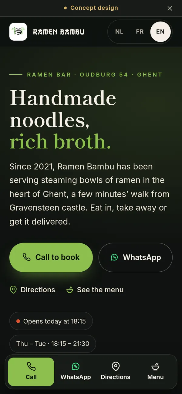 Ramen Bambu concept homepage on a phone, with the concept design banner and call and WhatsApp buttons.